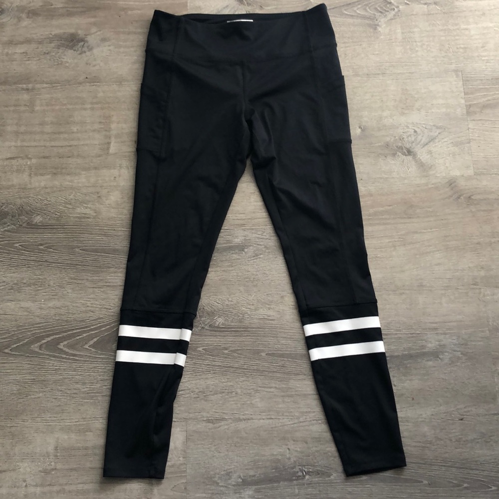 Black leggings with white rugby stripe